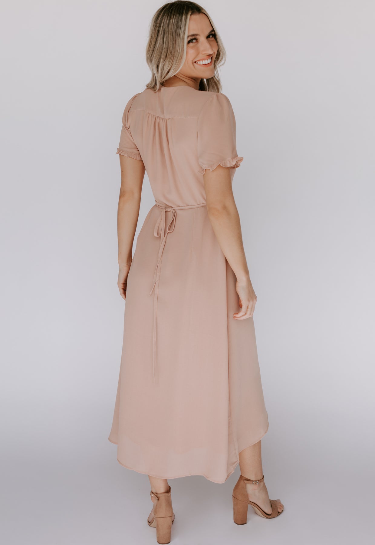 Taupe wrap midi dress – Melrose in the OC